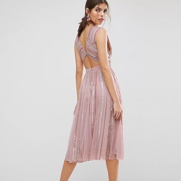 ASOS SALON Sequin Mesh Fit and Flare Midi Dress dress pink beaded size 2 prom - Picture 5 of 15